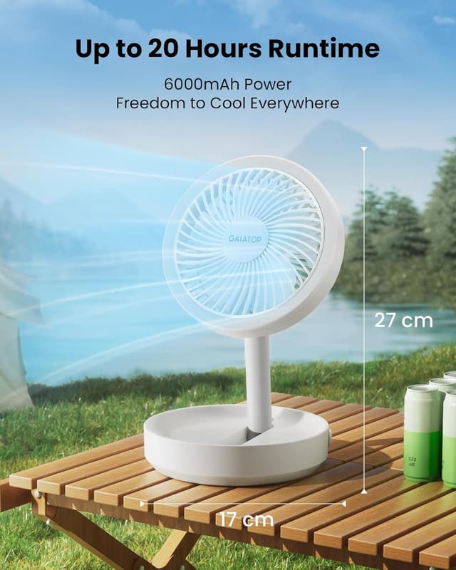 Detalle 2 de Gaiatop Foldable Small Desk Fan (6000mAh) with LED Night Light – portable desktop fan for bedroom, office and travel