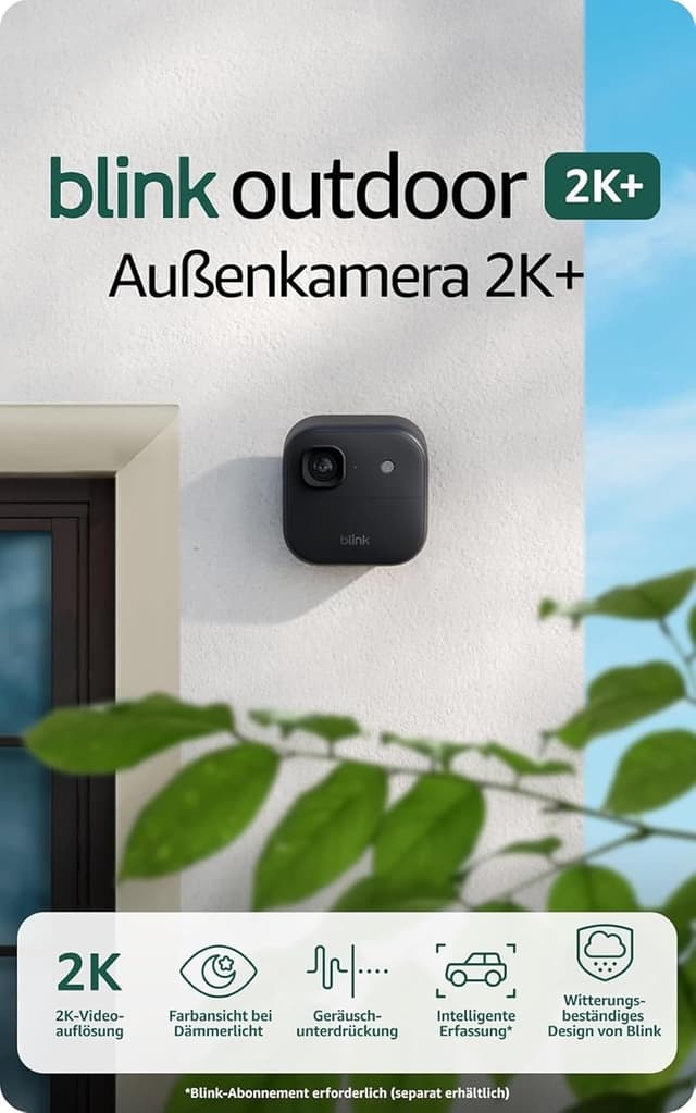 Detalle 2 de Blink Außenkamera 2K+ (neueste Generation) inkl. Videotürklingel – kabellose 4‑Kamera-Lösung mit Sync‑Basismodul, Schwarz