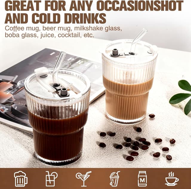 Detalle de YupURStyle 13oz ribbed glass tumbler set (4 pack) with straw and leakproof lid, insulated-style travel cup for iced drinks