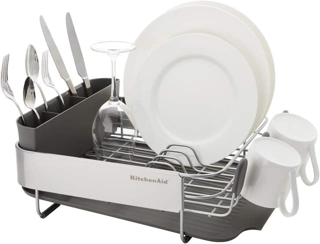 Detalle de KitchenAid Compact Space Saving Rust Resistant Dish Rack (Angled Self-Draining Drainboard) with Removable Flatware Caddy, Gray