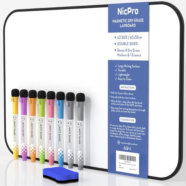 Detalle de Nicpro A3 Magnetic Double-Sided Dry Erase Whiteboard (30 x 42 cm) with 8 Pens and Eraser