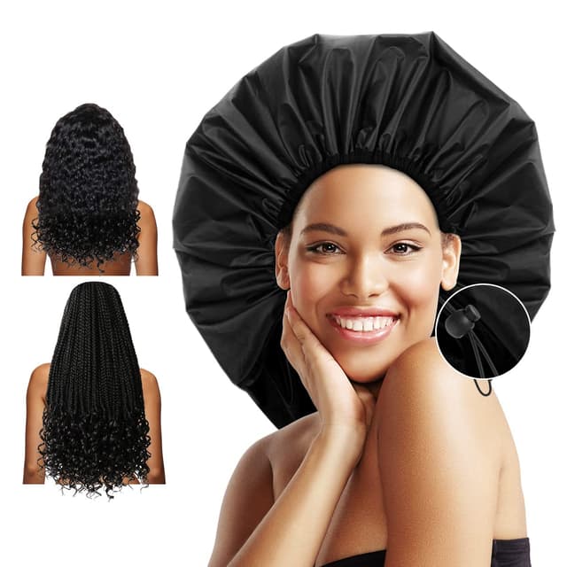 Detalle de Auban Extra Large Waterproof Shower Cap (XL, Satin Lined, Adjustable) for Thick Long Hair, Braids & Dreadlocks