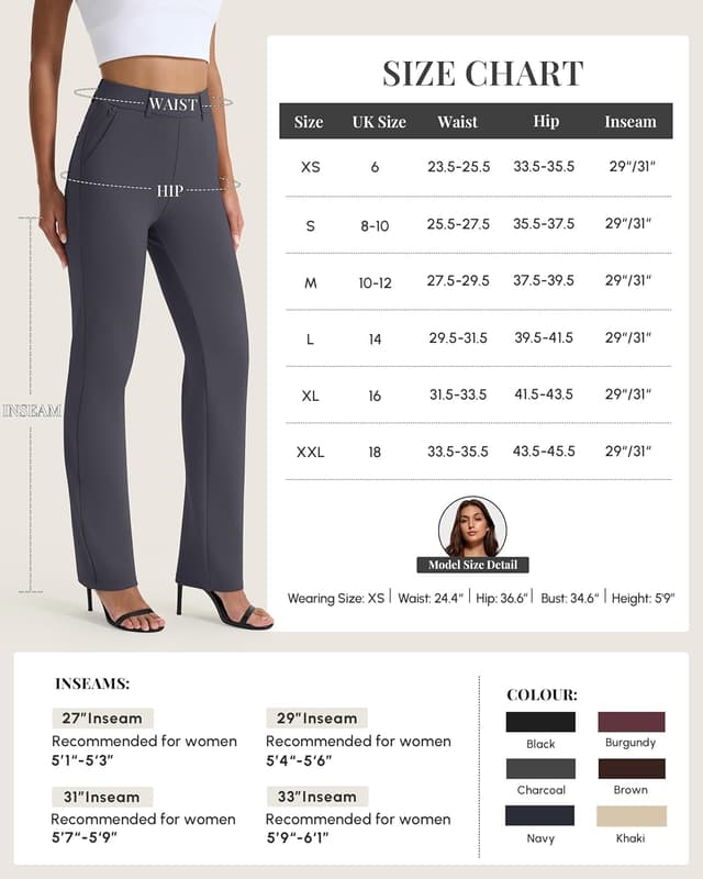 Detalle 2 de AFITNE Women’s Straight Leg Trousers with Pockets (UK 29''/31''/33'' lengths) – Pull-on stretch office & casual pants