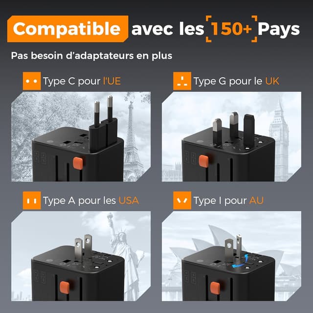 Detalle 2 de TESSAN adaptateur de prise universelle de voyage avec 5 ports USB (3 USB‑C + 2 USB‑A)