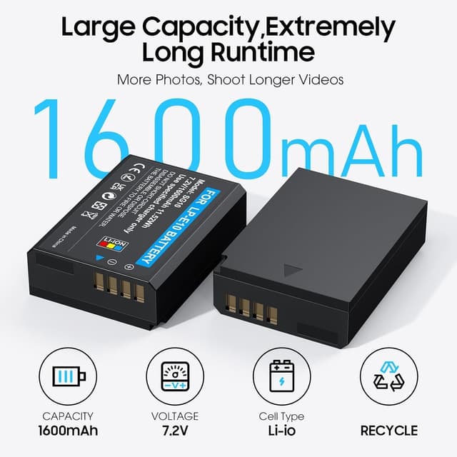 Thumbnail 6 de LP-E10 Battery 2-Pack 1600mAh & Digital Display Dual USB Charger for Canon LP-E10