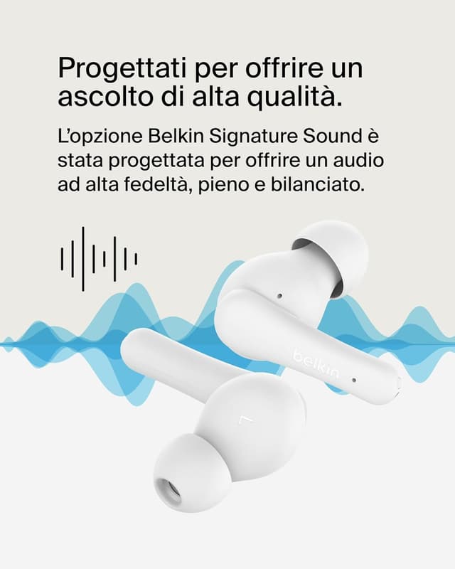 Detalle de Belkin SoundForm Rhythm true wireless con microfono, ricarica USB‑C rapida e batteria fino a 28 ore (bianco)