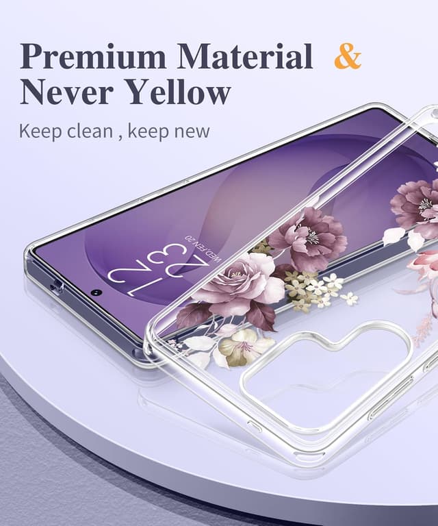 Detalle de GVIEWIN Clear Floral Slim Shockproof Case for Samsung Galaxy S26 Ultra (6.9") — Includes Screen & Camera Lens Protectors