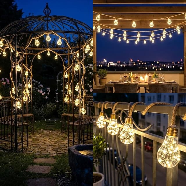 Detalle de Cnulenzt Solar-Lichterkette außen mit 16 Vintage-Glühbirnen, 8 Modi, 8 m – IP65 (Warm Weiß)