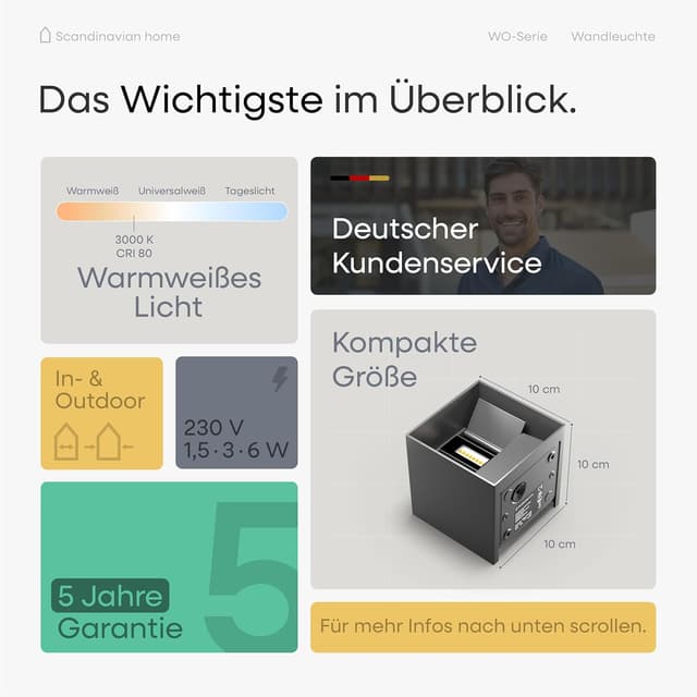 Thumbnail 6 de Scandinavian home LED Wandleuchte für Außen & Innen, IP65, 6W, warmweiß 3000K, Helligkeit einstellbar (230V)