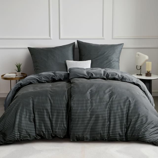 Detalle de Aisbo Bettwäsche 135x200 4-teilig (Gestreift Anthrazit) mit Mikrofaser – Bettdeckenbezug & 2 Kissenbezüge