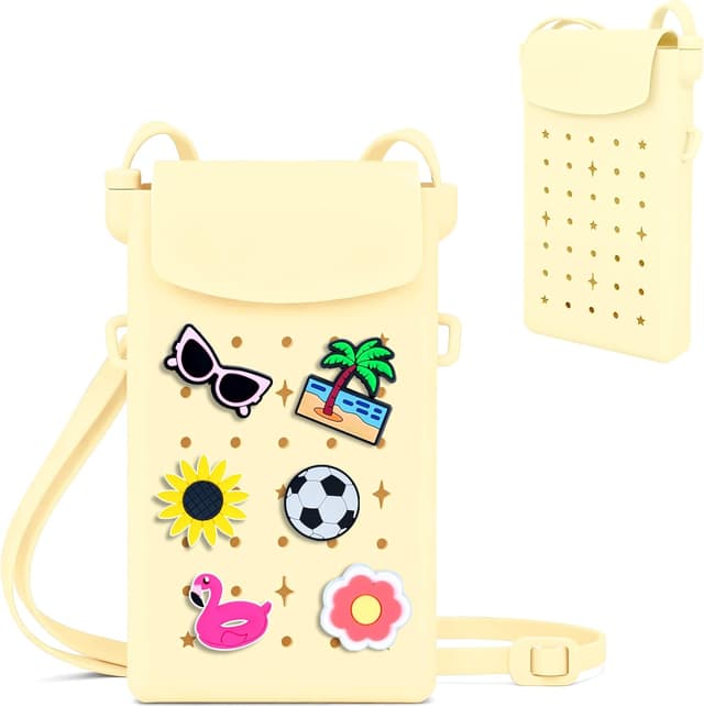 Detalle de Silicone Crossbody Phone Purse for Women & Girls – Small Bag with Adjustable Strap, Magnetic Closure & 15 Christmas Charms