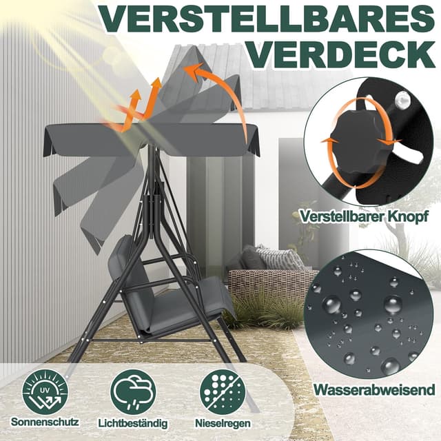 Detalle de UISEBRT Hollywoodschaukel für 3 Personen mit verstellbarem Sonnendach – belastbar bis 200 kg, wetterfest (Grau)