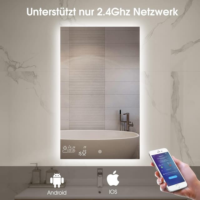 Detalle de Byecold specchio da bagno 100 x 60 cm senza cornice con LED, sensore touch e display meteo