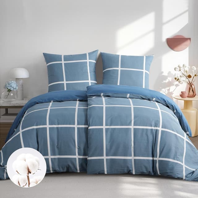 Detalle de RUIKASI Bettwäsche 135x200 cm Baumwolle, 4-teilig Denimblau mit Karo – mit Reißverschluss