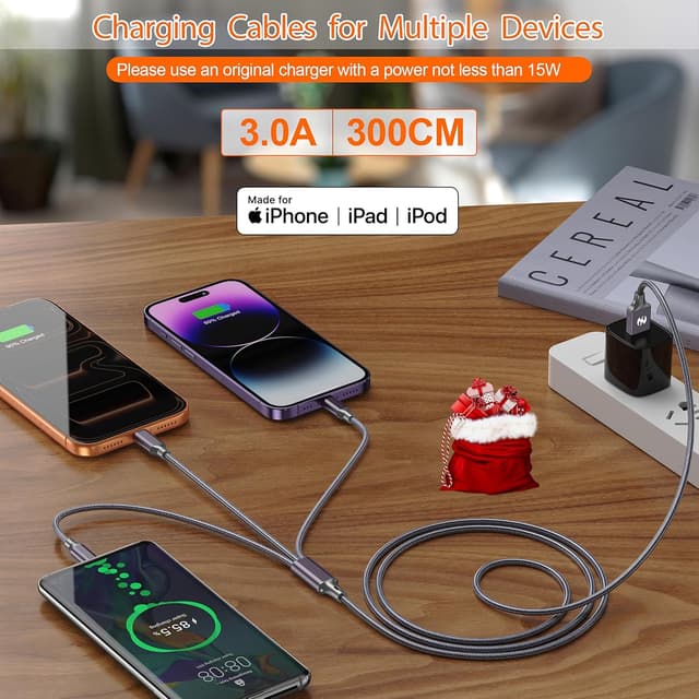 Detalle de Multi Charging Cable (10ft 2-Pack) – 3-in-1 USB Charger Cord for Type-C, Micro USB, and Lightning Devices