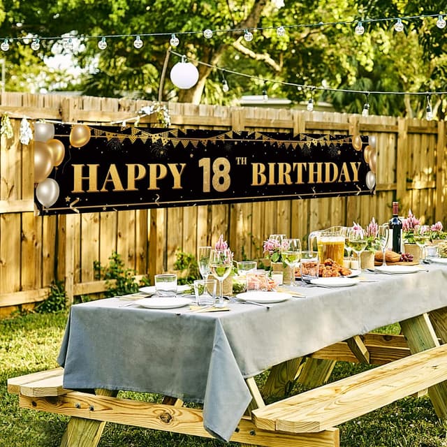 Thumbnail 6 de Large Happy 18th Birthday Decoration Banner (Black and Gold) — Polyester 9.8 x 1.6 ft Photo Backdrop Sign