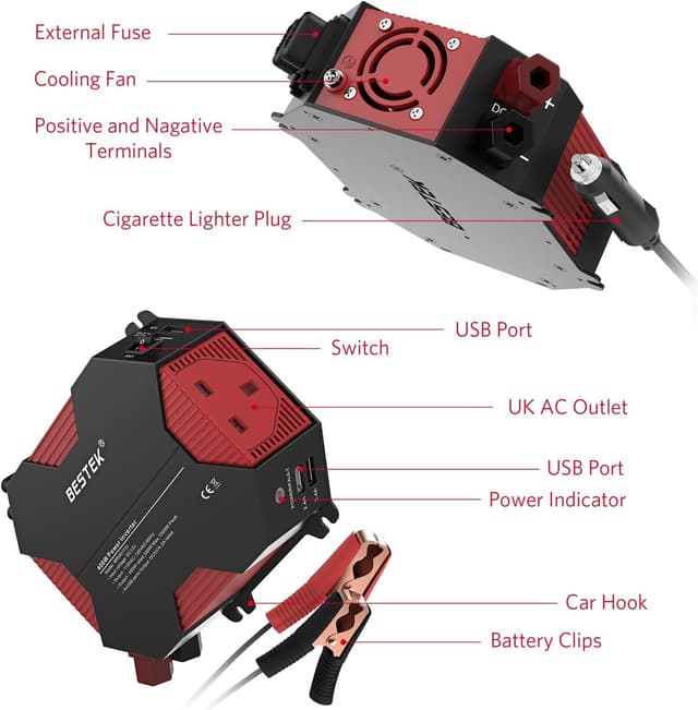 Detalle de BESTEK 500W 12V to 240V car power inverter with UK socket and 4 USB ports