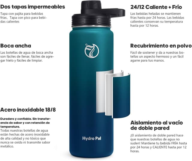 Detalle de HydroPal Edelstahl-Trinkflasche mit Strohhalm & 2 Deckeln (500 ml–1,9 l), BPA-frei, kohlensäuregeeignet