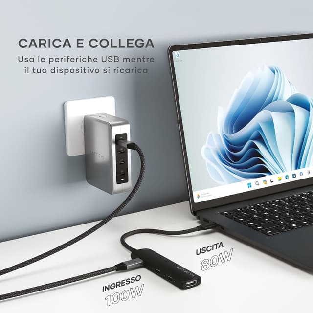 Detalle 2 de SATECHI Hub USB-C 4 in 1 Slim Plus con ricarica PD fino a 100W, HDMI 4K 60Hz e 2×USB-A 10Gbps (Nero)