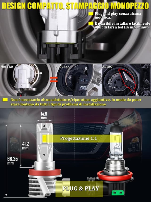Detalle de XELORD Lampadina LED H11 6500K bianco freddo, plug and play 1:1 (2 pezzi) per fari DC 12V