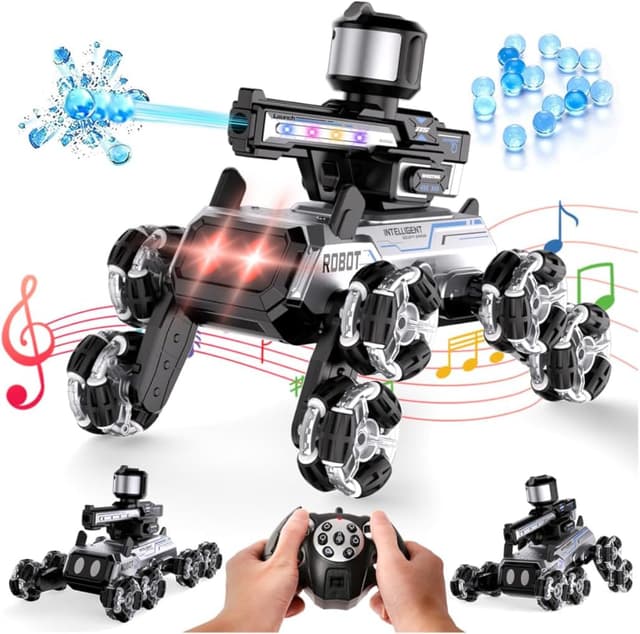 Detalle de Daxiongmao Remote Control Robot Dog Toy with LED Eyes, Gesture Control & Water-Shooting Turret (Black)
