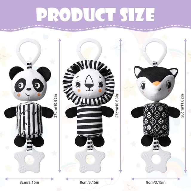 Detalle de Aolso Kinderwagen-Spielzeug 3-teiliges Hängespielzeug (schwarz-weiß) – Panda/Fuchs/Löwe