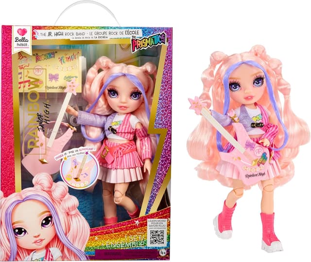 Detalle de Rainbow High Junior High Rock Band – Bella (Pink) Modepuppe mit Bassgitarre, 23 cm