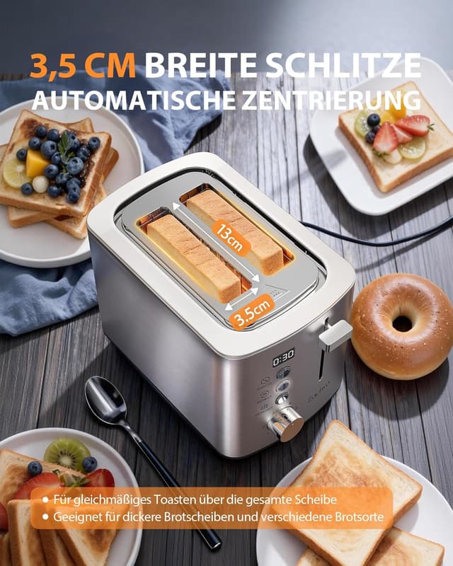 Detalle 2 de Edelstahl 2-Scheiben-Toaster mit LED-Countdown & 3,5-cm-Schlitzen, 6 Bräunungsstufen und Brötchenaufsatz (silber)