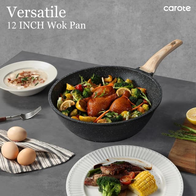 Detalle 2 de CAROTE Non Stick Wok with Lid 12''/5.3QT Woks & Stir-Fry Pan
