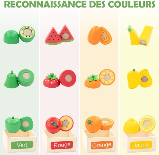 Detalle de Feetique Jeu Montessori en bois fruits à découper (2 à 7 ans) – Dinette enfant avec 24 pièces pour apprendre les couleurs