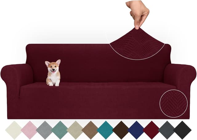 Detalle de Ystyle housse de canapé extensible universelle 4 places bordeaux avec accoudoirs