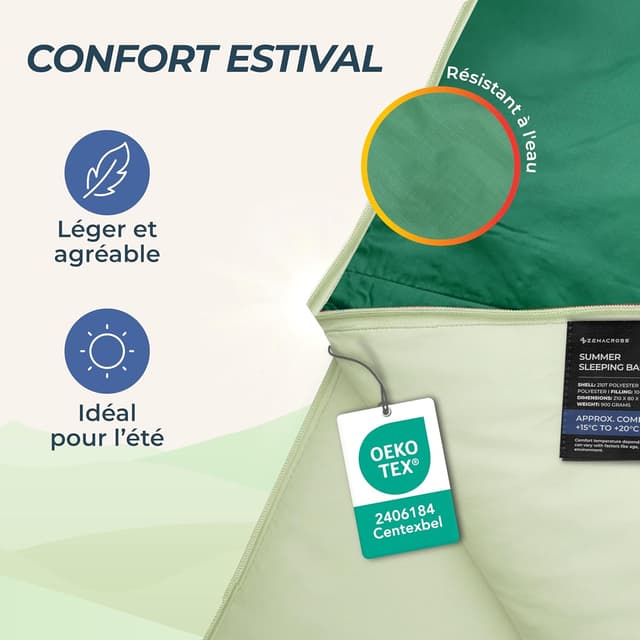 Detalle 2 de Zenacross sac de couchage adulte été 1 personne ultra léger 900 g (compact & facile à transporter)