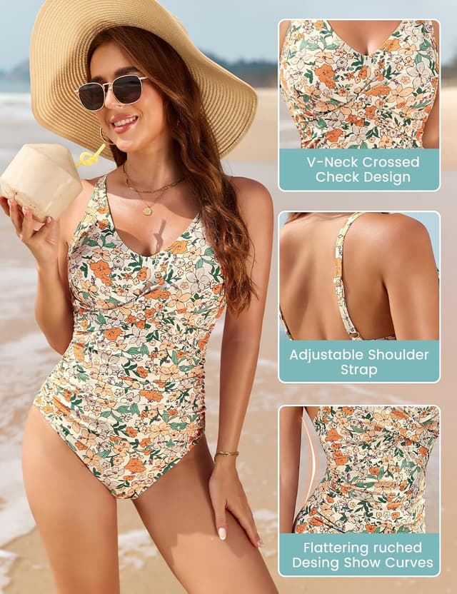 Detalle 2 de Vijamiy Damen Badeanzug One-Piece mit tiefem V-Ausschnitt & Bauch-Effekt