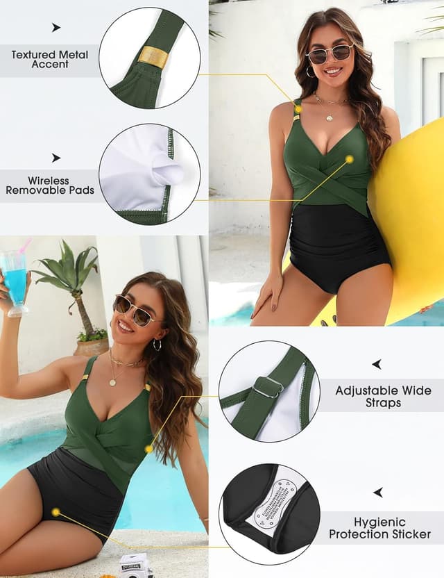 Detalle de FemiChic maillot de bain une pièce femme gainant à col en V (froncé) avec coussinets amovibles