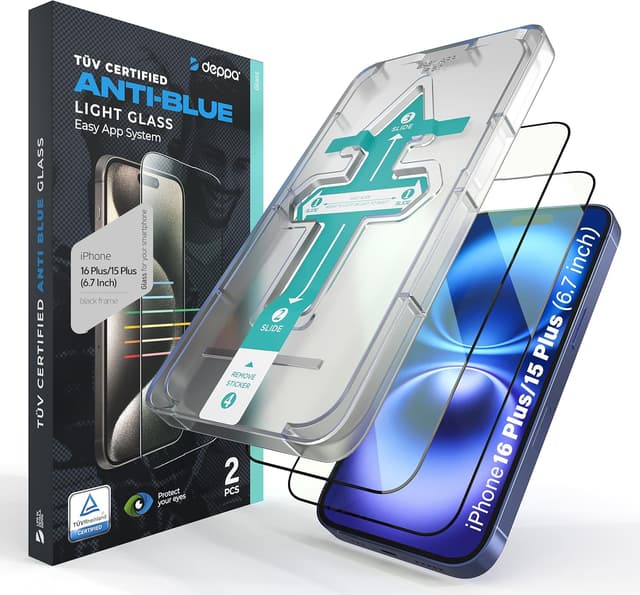 Detalle de Deppa 2er-Schutzfolie für iPhone 16 Plus/15 Plus (6,7") – zertifizierter Blaulichtfilter mit Schablone, stoßfest & blasenfrei