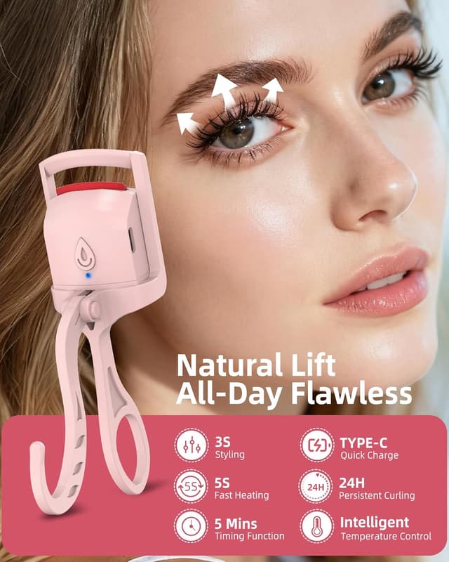 Detalle de HOTRYEE Heated Eyelash Curler (Pink) — Type-C Quick Charge, 5-Second Heating, Temp Control
