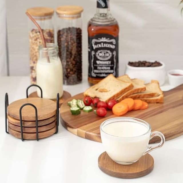 Thumbnail 6 de WLWNWFT Acacia Wood Coasters Set of 6 with Holder (Black) – Round coasters with non-slip pads