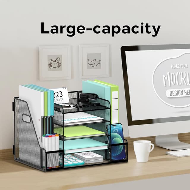 Detalle de SUPTIDY Mesh Desk Organiser with File Holder (5-tier trays) – Black