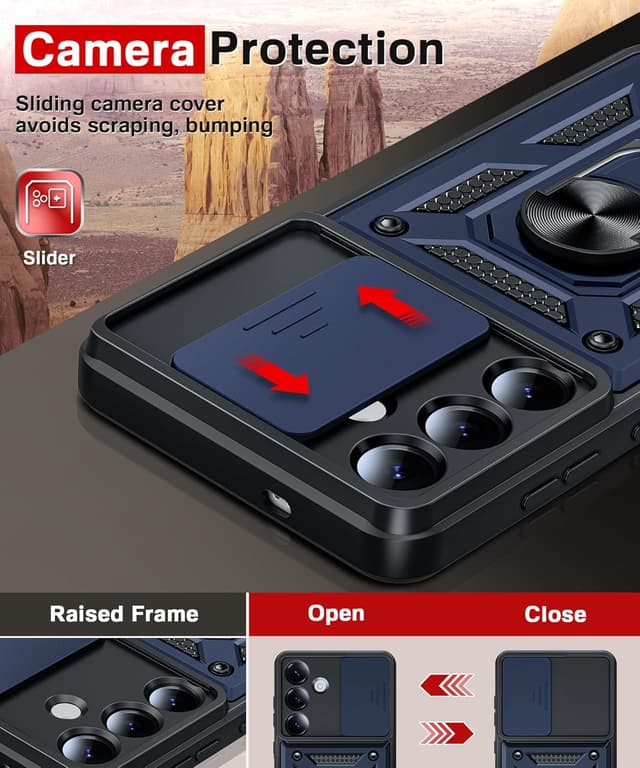 Detalle de LeYi rugged phone case for Samsung Galaxy S25 Edge with sliding camera cover, ring stand and 2 screen protectors (Blue)