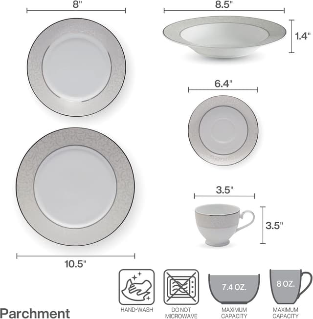Detalle de Mikasa Parchment 40-Piece Dinnerware Set (Service for 8) with Contemporary Silvery Scroll Design