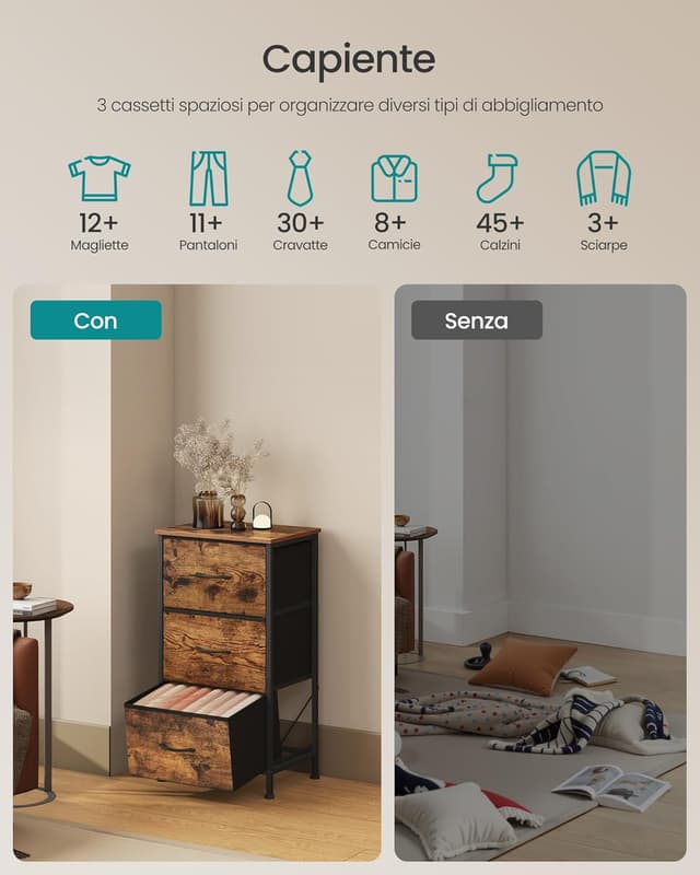 Detalle de SONGMICS BELLAH LGS313BH03 cassettiera industriale con 3 cassetti in acciaio e tessuto, marrone vintage/nero