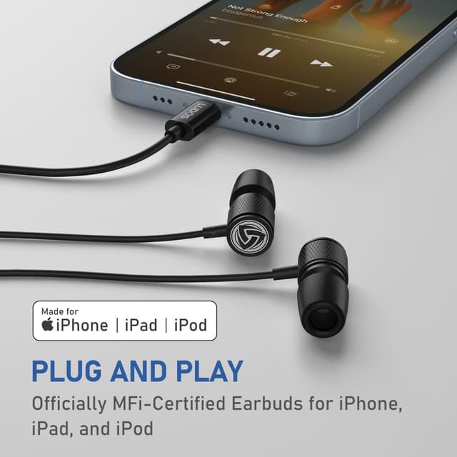 Detalle de LUDOS Ultra Lightning Wired Earphones (Apple MFi Certified) for iPhone with Microphone Control, Black