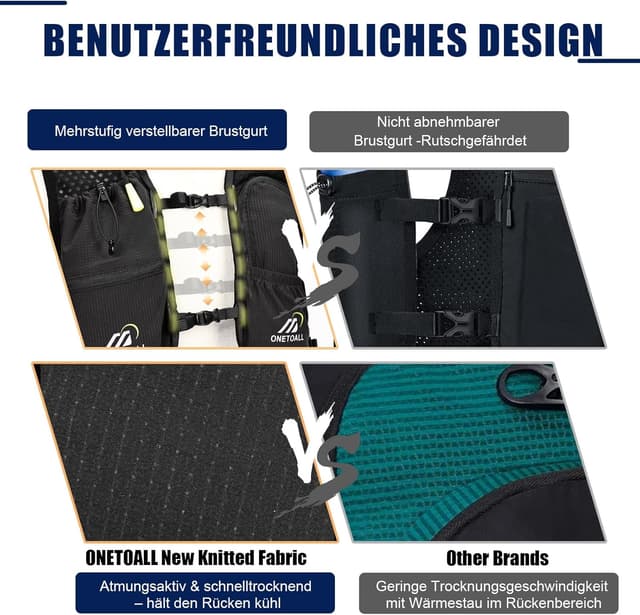 Detalle 2 de ONETOALL Laufweste Damen Herren mit 2L Trinkblase und 500 ml Flasche (reflektierend, ca. 150 g, 6 l)