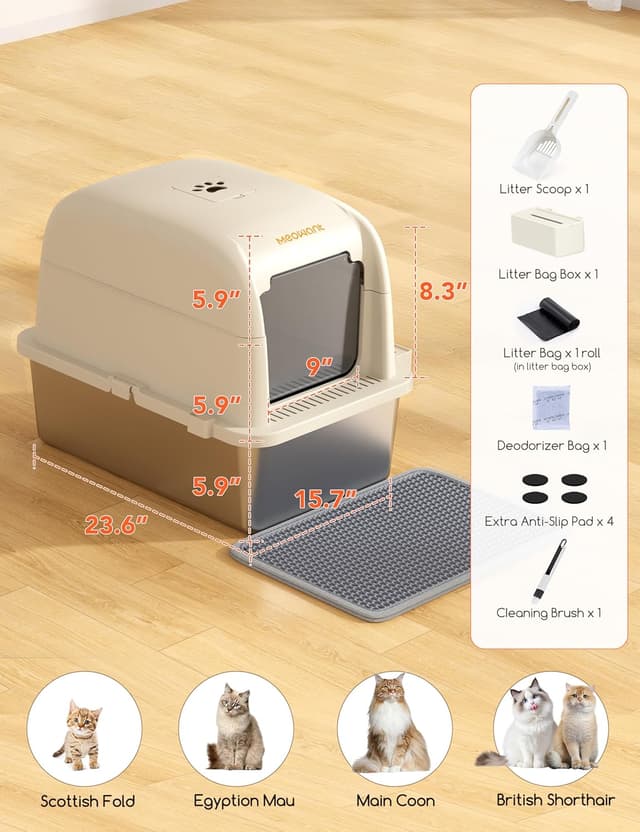 Detalle de MeoWant bac à litière XXL en acier inoxydable pour chat (forme U fermée) avec pelle et tapis