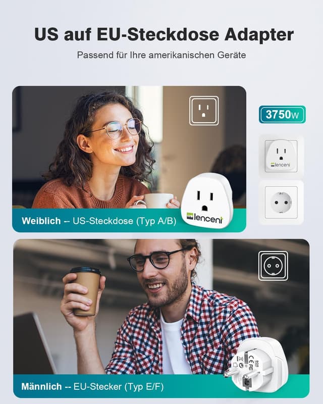 Thumbnail 2 de LENCENT Reiseadapter USA auf EU Steckdose 2er