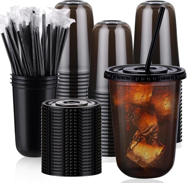 Detalle de tchrules 100 Set 16oz Plastic Cups with Lids and Straws (Black Clear Iced Coffee Cups)