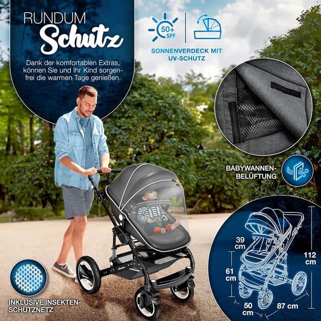 Detalle de KIDUKU® 3-in-1 Kombikinderwagen-Set inkl. Babywanne, Sportsitz und Auto-Babyschale