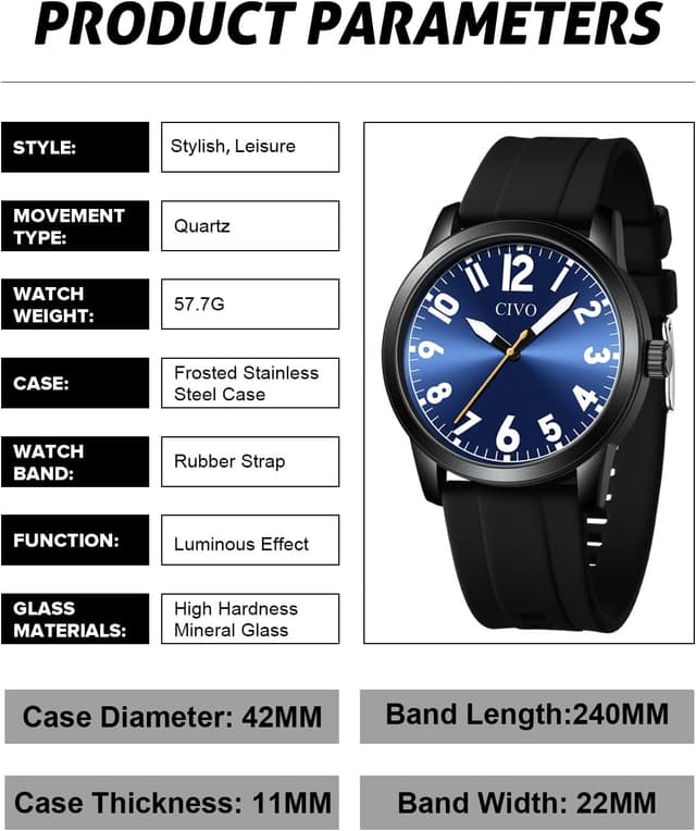 Detalle 2 de CIVO Herren Analog-Uhr wasserdicht mit großen Ziffern (42 mm) – leicht ablesbar