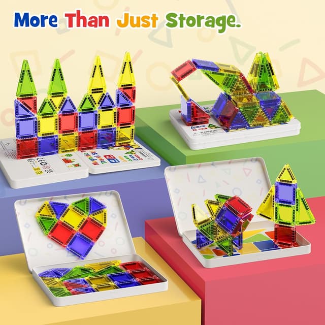 Detalle 2 de Magnetic Tiles Construction Set 42pcs in travel metal box – portable magnetic building blocks for ages 3+