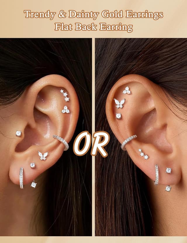 Detalle de TINGN 7 Pairs Stud Hoop Earrings Set (14K Gold Plated) for Women – Hypoallergenic Huggie & Tiny Stud Mix